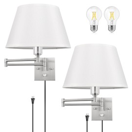 TRLIFE Dimmable Wall Sconce Plug in, Brushed Nickel Wall Sconces Set of Two Swing Arm Wall Lights with Plug in Cord and On/Off Dimmer Rotary Switch, 11.8" Large White Fabric Shade(2 Pack, 2 Bulbs)