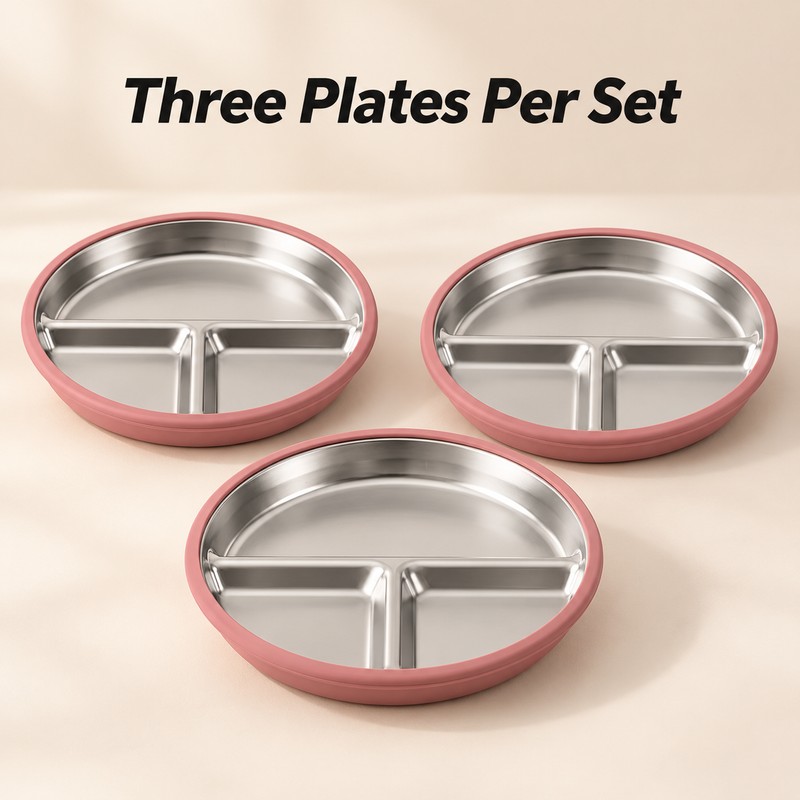 3-Pack Stainless Steel Divided Suction Plates for Kids – 3-Section