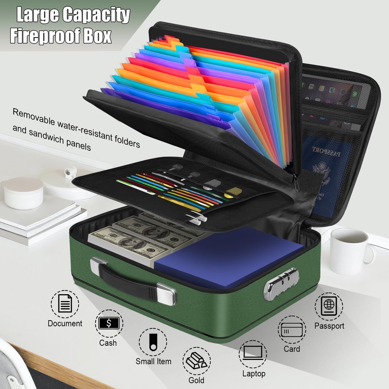 Fireproof Document Box, Hard Shell Fireproof Box, Document Organizer with