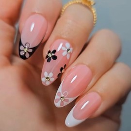 24 Pcs Pink Press on Nails Short Almond - YEFIUO Small Flowers Nail Tips Acrylic Nail Kit Nail Art Fake Nails Press ons with White French Design Full Cover Glossy False Nails Glue on Nails for Women