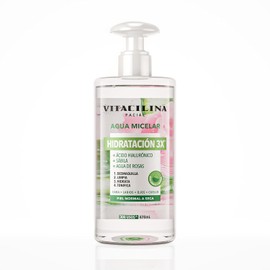 Agua Micelar Hidratación 3X con Ácido Hialurónico, Sábila y Agua de Rosas, Hipoalergénica, 470 ml, 300 usos