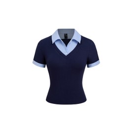 CIDER Women Cotton Collar Stripe Two Tone Short Sleeve Knit Fabric Tops