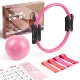 LIONSCOOL Pilates Ring Set – 14" Anti-Deformation Magic Circle with Padded Handles, Mini Ball, Resistance Bands, Guide & Bag (Pink)