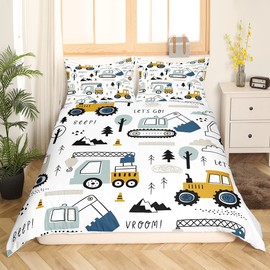 Loussiesd Car Children's Bed Linen Construction Set Cartoon Excavator Crane Tractor Decor Teenagers Truck Tractor Duvet Cover White Yellow Duvet Cover Girls Youth Bedroom Multicoloured 57, 135 x 200 +