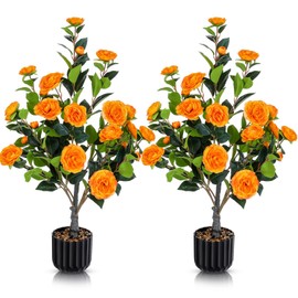 Jexine 2 Pack 36" Artificial Tree with Camellia, Fake Tree with 24 Blooming Flowers, Flower Plants Tree Faux Floral Plant Tree in Cement Pot for Indoor Outdoor Office Home Porch Decor (Orange, 36")