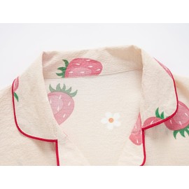 Hupohoi Big Girls Button Down Pajama Set 3pcs Short Sleeve Long Pants with Shorts Crepe Wrinkled Fabric Sleepwear Cute Patterns Nighty, Pink Strawberry, 16