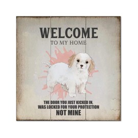 Welcome To My Home Japanese Spitz Dog Wooden Sign Plaque Dog Home Retro Wood Hanging Sign Decor For Home Kitchen Living Room Table Housewarming Gift 14x14in
