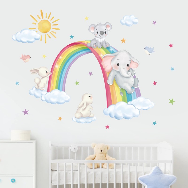 decalmile Wall Sticker Rainbow Clouds Elephant Koala Rabbit Star Wall