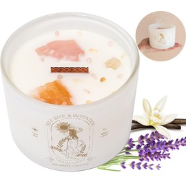 Healing Crystals Candle for Women - 12oz Wood Wick Candles That Crackle. Crystals and Healing Stones Aromatherapy, Lavender Vanilla Soy Wax for Home Scented. Spiritual Gifts for Women
