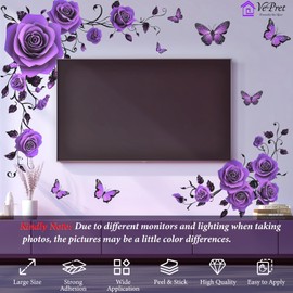 VePret Large Purple Flowers Wall Decals Peel and Stick, Floral Roses Butterflies Wall Stickers, Removable Vinyl Home Decor Art for Bedroom Living Room Classroom Office