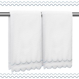 RRBXIA 100% Cotton Hand Towels for Bathroom 2 Pcs Scalloped Hand Towels 16 * 27 Inch Embroidered Decorative 500 GSM Soft Absorbent Bath Towel for Spa Yoga Hotel Sport (Blue)