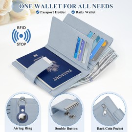 BKNOOU RFID Blocking Passport Holder with Airtag - Genuine Leather Travel Passport Wallet for Women & Men, Slim Bifold Travel passport holder Holds Cards & Tickets & Cash (Blue)