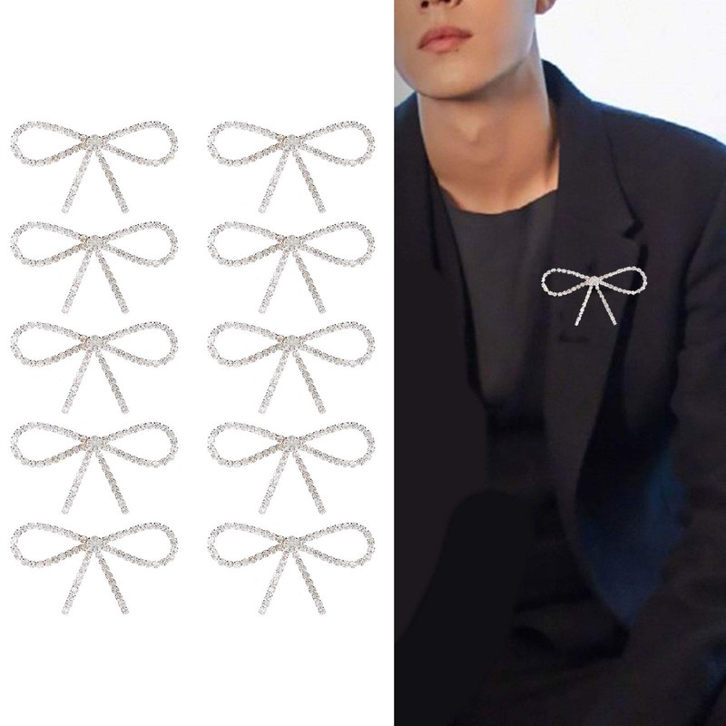 Rhinestone Bow Brooch, 10PCS Small Silver Bow Brooches, Diamante Bow