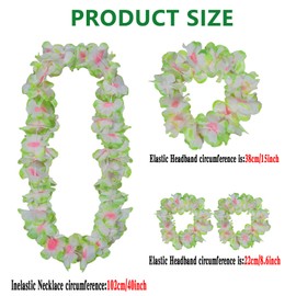 Leis for Luau Party, 4 Pcs Hawaiian Leis Flower Single Color, Necklace Headband Wristband, Beach Party Favors Flamingo Floral Orange White Blue Accessories for Women Men (Green 4Pcs=1Sets)