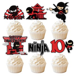 18pcs Ninja Happy Birthday Cupcake Toppers Happy 10th Birthday Ninja Warriors Anime Birthday Cupcake Picks Black Red 10 Ten Years Old Sport Themed Birthday Party Supplies (10)