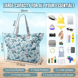 SIOQCKIS Large Beach Bag Waterproof Sandproof Cute Beach Bags for Women Pool Tote Bags with Zipper Summer Swim Bag Foldable Lightweight Gym Outdoor Travel Vacation Essentials Sea Turtle Starfish