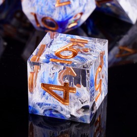 ORUZA DND Dice Set 7 Pieces Resin Polyhedral D&D Dice Sharp Edges Dice Set Game Dice for Dungeons and Dragons Pathfinder DND RPG MTG Place Card Games, Blue & White