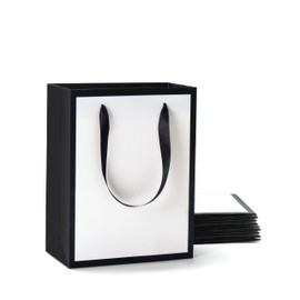 YACEYACE White and Black Gift Bags Bulk, 10Pcs 8"x4.25"x10.5" Medium Size Paper Gift Bags with Ribbon Handles, Party Bags, Birthday Bags,Wedding Bags
