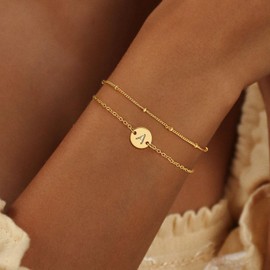 Gold Initial Bracelets for Women Trendy - 18K Gold Plated Letter Initial Bracelet Dainty Disc Monogram Charm Initial Bracelet Gold Initial Bracelets for Women Gold Jewelry for Women Gift(T)