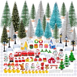 150 Pcs Christmas Miniature Figurines Kit Miniature Garden Mini Resin Santa Snowmen Snowflakes Houses Elk Accessories Micro Landscape Ornaments for Xmas Winter Village Decor Mini Trees