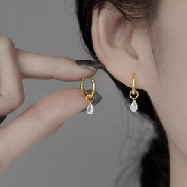 Unbranded Women Girl Gold Plated Dangle Teardrop CZ Round Huggie Hoop 10mm Earrings PE62