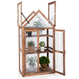 SPORFIT Cold Frame Greenhouse, 3-Tier Mini Wooden Green House with Adjustable Shelves, Double Doors & Openable Roof, Indoor Outdoor Cold Frames Raised Planter Bed Protection for Garden Backyard