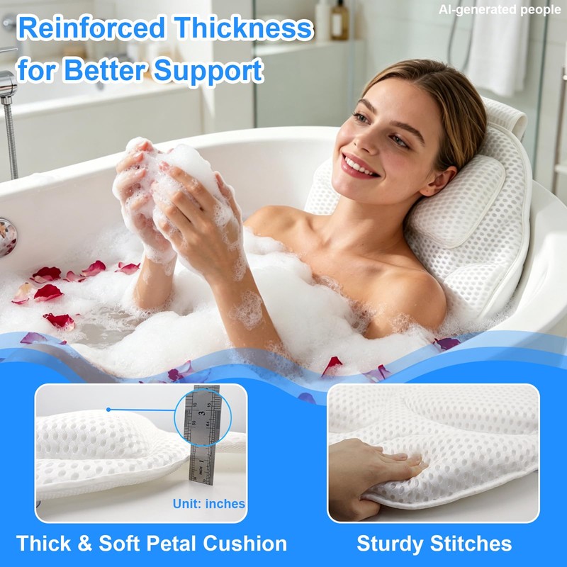 Extra Thick Petal-Shaped Bath Pillow for Head, Neck and Backrest,