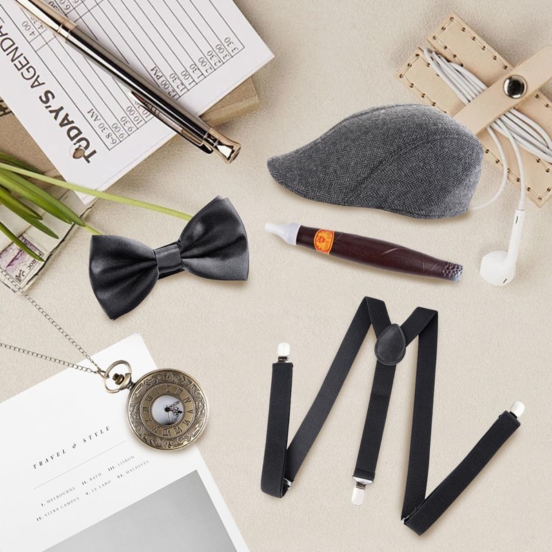 1920s Mens Accessories Gangster Bow Tie Pocket Watch Costume Set