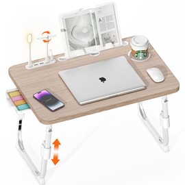 DECOSIS Laptop Desk for Bed Height Adjustable, Lap Bed Table with USB/Storage Drawer/Cup Holder/Tablet Stand/Book Shelf, Foldable Breakfast Tray Portable for Reading Writing, Sofa & Floor, Glacier