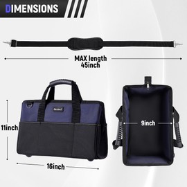 Reniteco 16 inch Tool Bags Heavy Duty Organizer Bag For Work Tools, Fabric Tool Tote, Multi-Pockets Wide Mouth Soft Bottom Blue