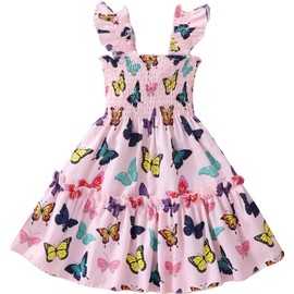 Baby Girl Butterfly Dresses Summer Toddler Butterfly Outfit Flutter Sleeve Sundress Kids Shirred Tiered Dress 4-5 Years