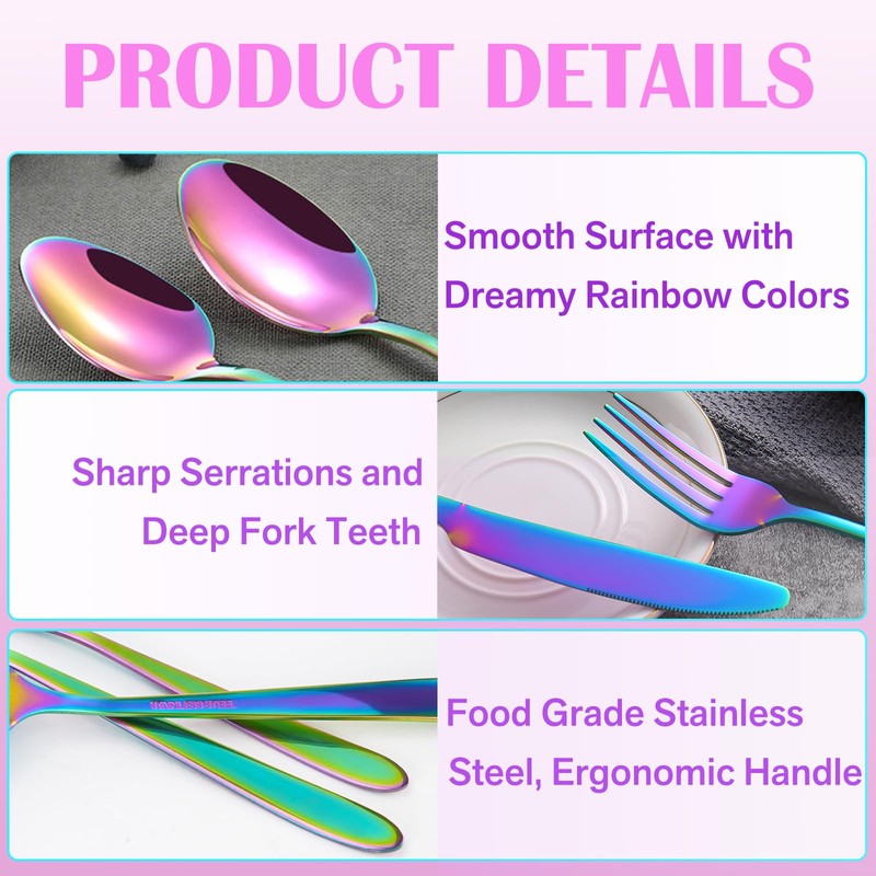 RETON 24 Piece Rainbow Silverware Set, Stainless Steel Flatware Set