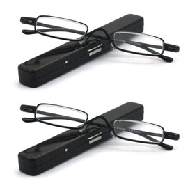 EYE ZOOM 2 Pack Metal Super Light Mini Reading Glasses with Compact Case, Black, +1.50