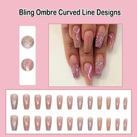ANDGING Glitter Pink Press on Nails Coffin Medium Long Glue on Nails with Bling Ombre Curved Line Designs Manicure Fake Nails Gel False Nails for Wedding Acrylic Classy Stick on Nails for Women