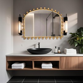 CAVINHOME Wide Arched Bathroom Mirror Vintage with Beveled Glass and Ball Frame- 36"x28"Antique Gold Beaded Mirror, Large Ornate Decorative Wall Mirrors for Bedroom, Living Room,Entry Way,Fireplace