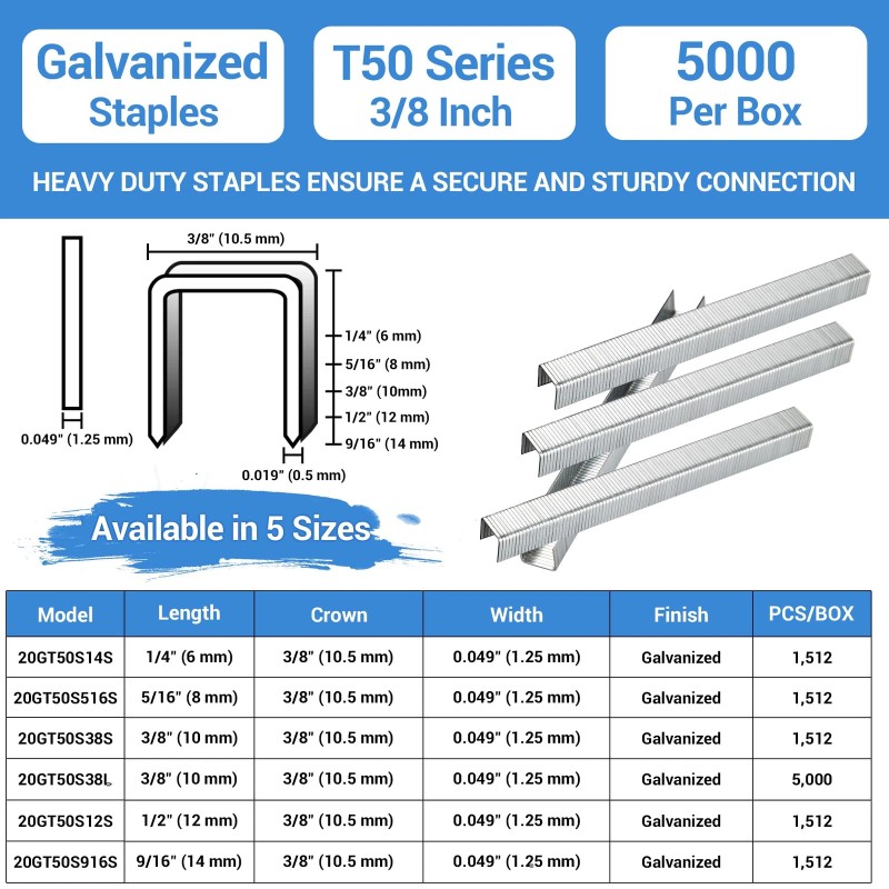 meite Heavy Duty Staples T50 3/8 Inch 20 Gauge 5000