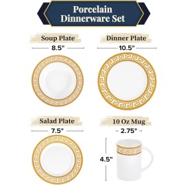 Gifts Plaza Porcelain Dinnerware Set for 1 - White with Gold, 4 Piece Set Greek Key Design