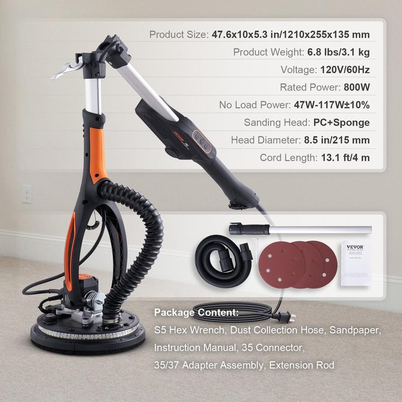 VEVOR Electric Drywall Sander 900W, Self-Suction & Variable Speed 800-1800