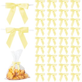50Pcs Yellow Twist Tie Bows for Gift Wrapping 2.5" Satin Ribbon Bow for Treat Bags Cake Balloons Birthday Party Favors Wedding Decorations