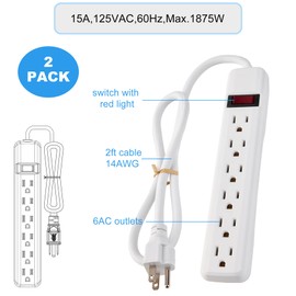 PowerEnvy 6-Outlet Surge Protector 2pk – 250 Joules, 2ft Cord, 15A/125V, 1875W Max – Right Angle Plug, Black – Home, Office, & Electronics Protection