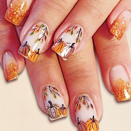 Fall French Tip Press on Nails Short Square Fake Nails with Maple Leaf Pumpkins Designs Orange Glitter False Nails Thanksgiving Glue on Nails Autumn Artificial Stick on Nails Kit for Women Girls 24Pcs