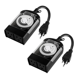 M EGA MEGACUBE Outdoor Timer Outlet Waterproof, 24 Hour Mechanical Timer Outlet for Home and Garden, 2 Grounded, 15A 3/4HP, Black, 2 Pack