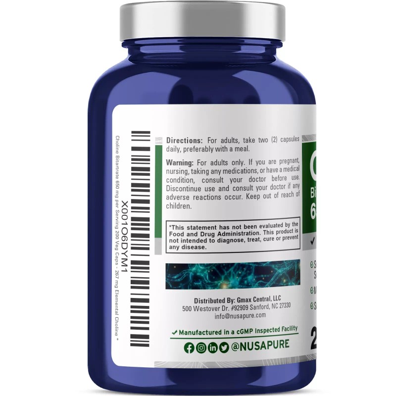 NusaPure Choline Bitartrate 650 mg.200 Veggie Capsules (Vegetarian, Non-GMO)