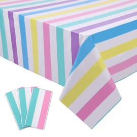 Kesfey 3 Packs Rainbow Striped Table Cloth 54 x 108 Inches Pastel Rainbow Party Table Covers Disposable Plastic Ice Cream Pastel Tablecloths Waterproof Rectangle Birthday Tablecover for Baby Shower