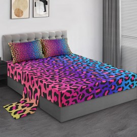Pamnest Twin Size Bed Sheet Sets, Colorful Neon Leopard Soft Microfiber 3 Pcs Bedding Sets for Kids and Adults Bedroom Bed Decor, Cheetah Rainbow Psychedelic Flat, Fitted Sheet and Pillowcases