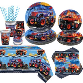 Obussgar Monster Truck Birthday Party Decorations - Monster Truck Party Supplies Including Plate, Cup, Napkin, Straws, Tablecloth (20)