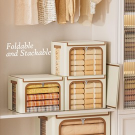 Yecaye Clothes Storage Bins with Metal Frame, Foldable Clothing Storage Bins with Lid, 40L Stackable Storage Bins for Clothes, Oxford Fabric Storage Box With Clear Window＆ Zippers＆ PU Leather Handles