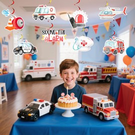 Sursurprise Emergency Vehicle Party Decorations, 24PCS Rescue Vehicles Hanging Swirls, Ambulance Firetruck Police Ceiling Streamers, First Responders Birthday Baby Shower Wedding Party Supplies