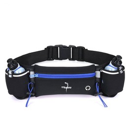 Adjustable Running Belt with Zip Pocket, 2 Water Bottles, 2 Multipurpose Rubber Bands and Straps - Black/Blue