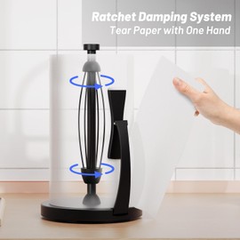 VEHHE Paper Towel Holder Countertop, Black Paper Towel Holder with Spring Activated Arm and Damping Effect, Simply Tear Paper Towel Stand for Bathroom and Kitchen (Black)